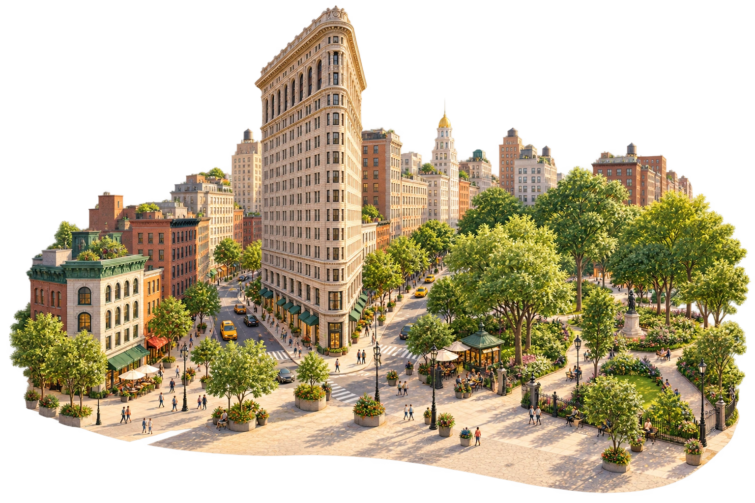 The Flatiron neighborhood and Madison Square Park, shown as an illustrated walking destination