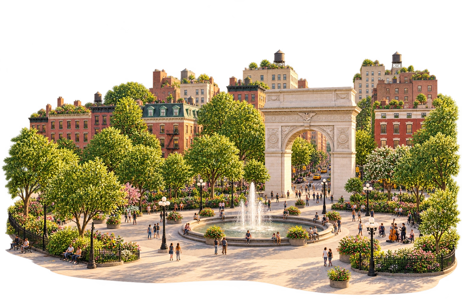 An inviting illustration of Washington Square Park, its fountain, arch, and surrounding neighborhood