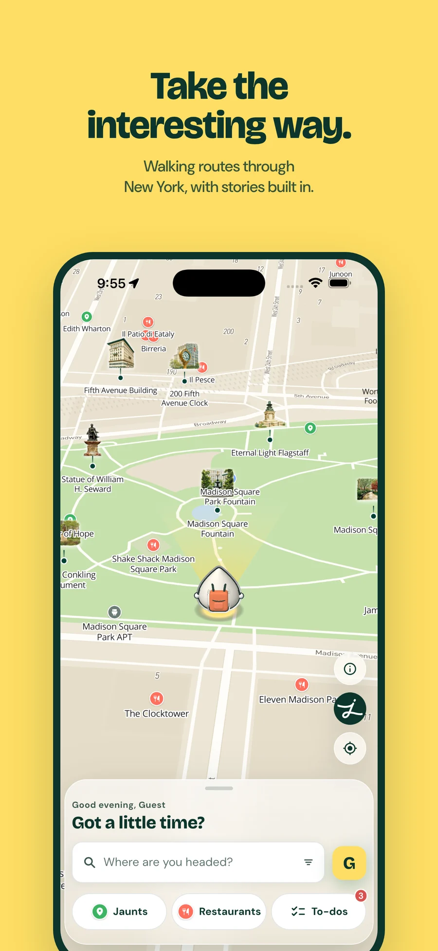 Jaunt app home screen showing a map of Madison Square Park and the prompt Where are you headed?