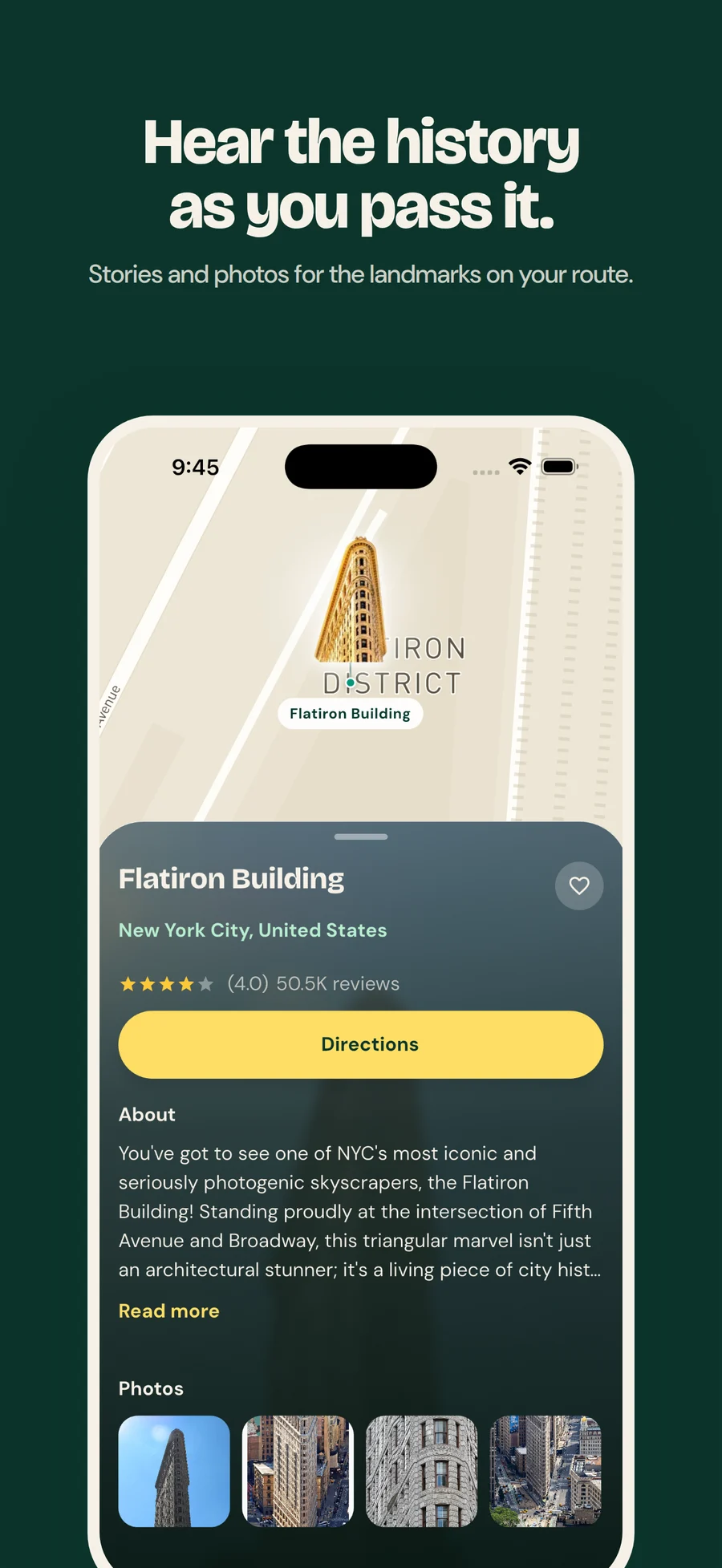 Jaunt place details for the Flatiron Building, with a map, a description of its history, and photographs
