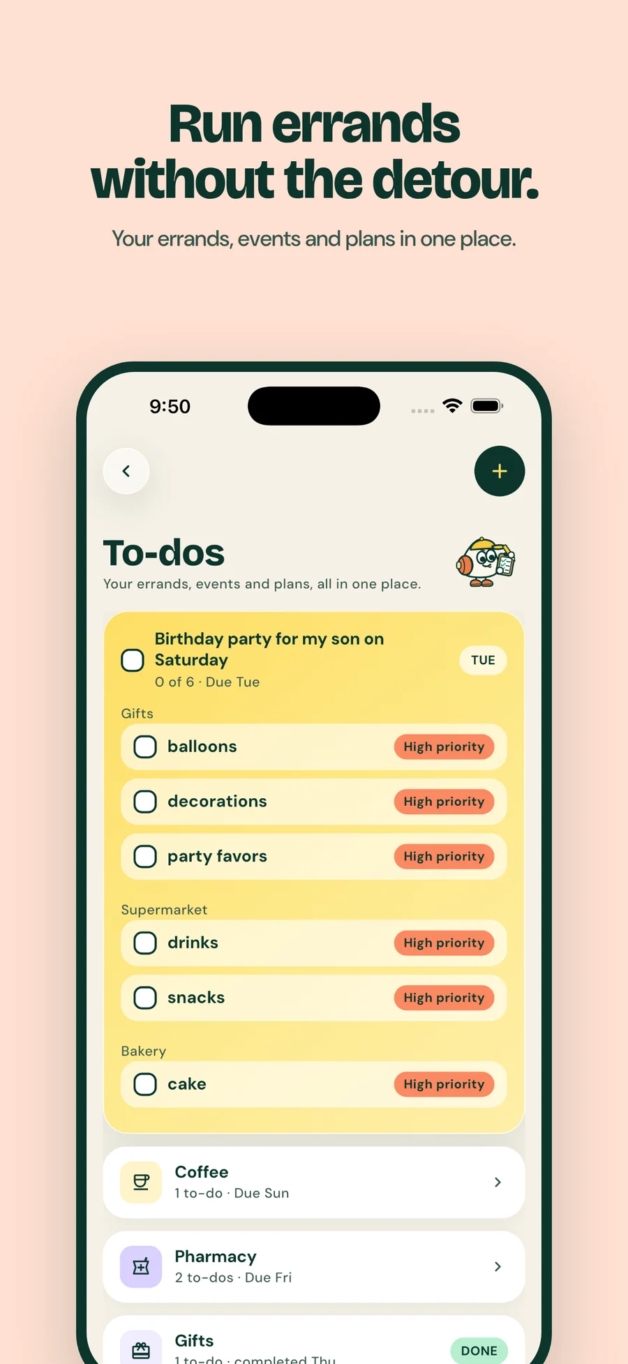 Jaunt To-dos screen showing a list of errands and useful nearby stops