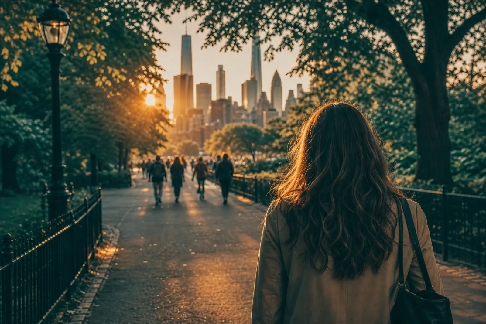 First-person view walking through a New York City park toward the skyline