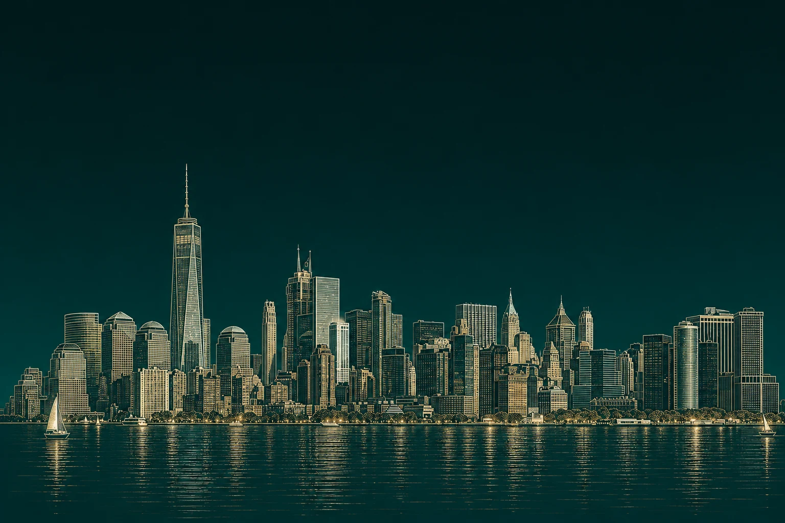 Line-art illustration of the Lower Manhattan skyline glowing over the water at night